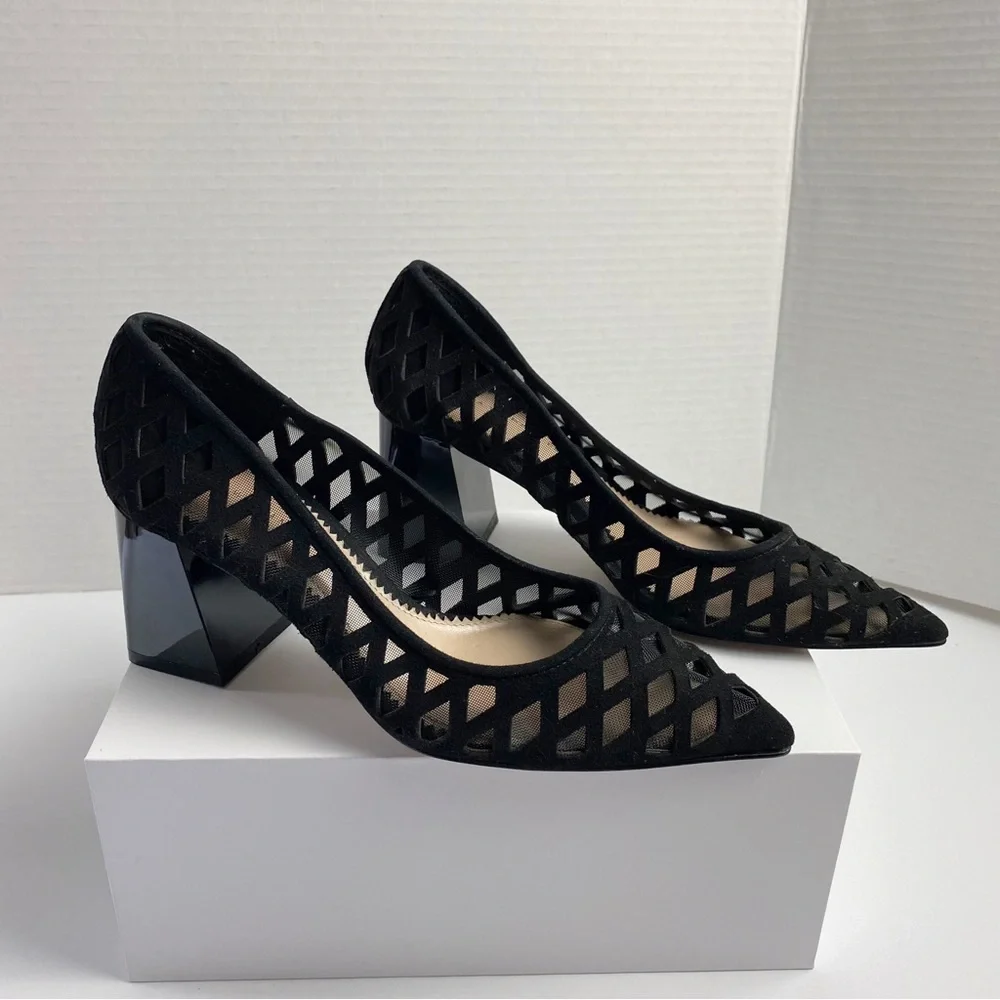 Black Geometric Mesh Pointed Toe Block Heel Pumps - Picture 2 of 9